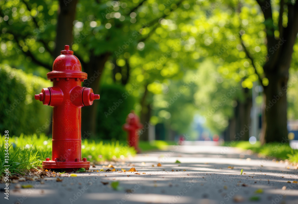 A vibrant red fire hydrant stands on a sunny sidewalk surrounded by greenery A vibrant red fire hydrant stands on a sunny sidewalk surrounded by greenery