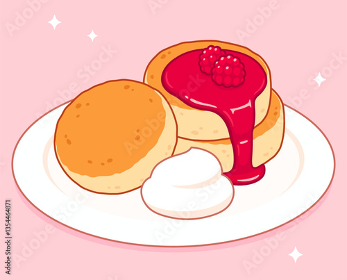 Syrniki, Eastern European cottage cheese pancakes with sour cream and raspberry jam. Traditional breakfast food vector illustration.