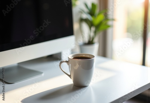 A cozy workspace featuring a cup of coffee beside a computer monitor