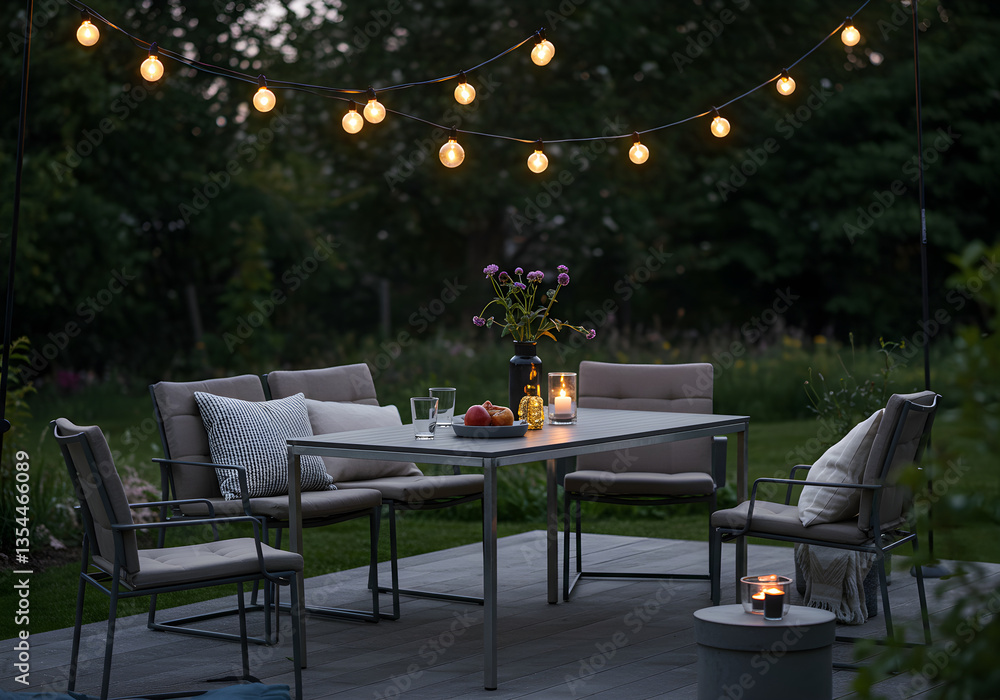 Serene Evening Garden Dinner with String Lights Serene Evening Garden Dinner with String Lights