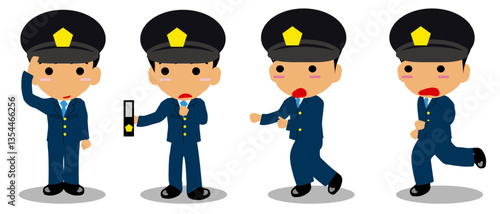 Cartoon Police Officer in Various Action Poses - Salute, Inspection, Running, and Chasing