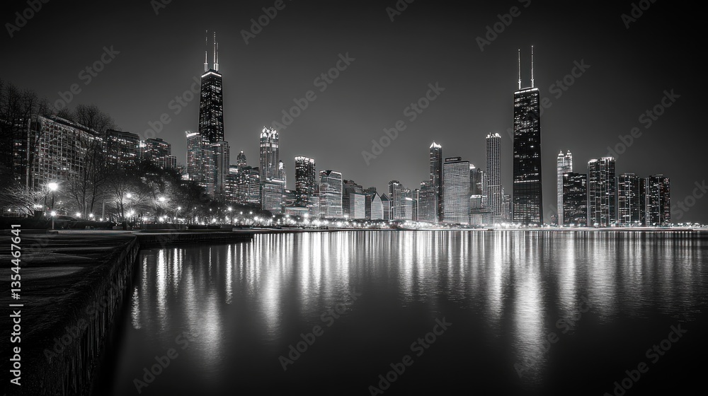 Fototapeta premium Cityscape, nighttime, lakefront, reflection, Chicago