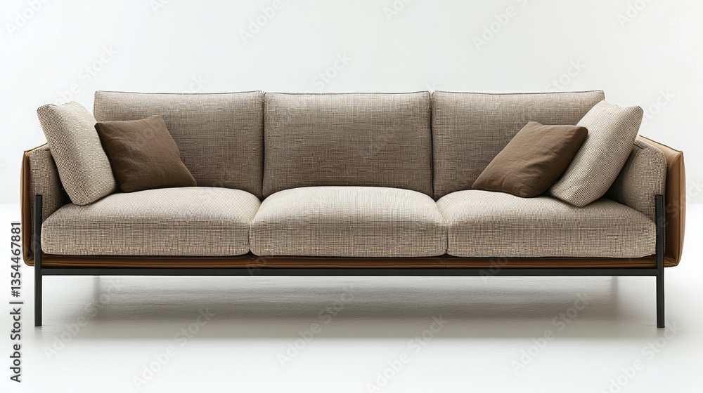 Modern three seat sofa with neutral upholstery and cushions Modern three seat sofa with neutral upholstery and cushions