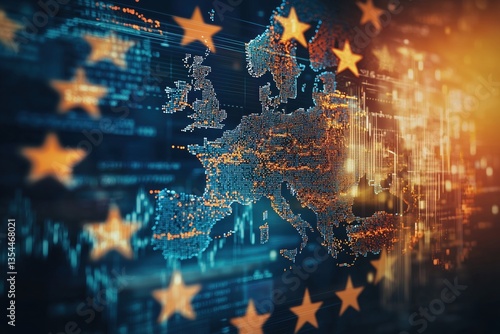 A double-exposure effect of the Europe and a fluctuating stock market graph, merging seamlessly into each other, symbolizing economic governance and financial policy shifts