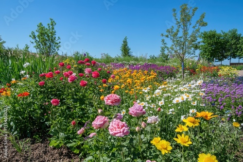 Wallpaper Mural A colorful flower garden with freshly planted roses, daisies, and tulips, showcasing vibrant colors against a clear blue sky, full of life and beauty Torontodigital.ca