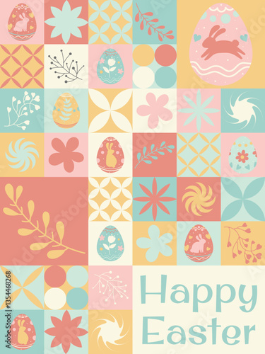 happy easter poster, geometry bauhaus style, pastel colors pattern, easter ornate elements