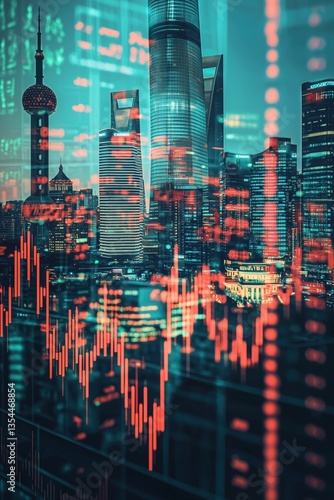 A double-exposure effect of the China and a fluctuating stock market graph, merging seamlessly into each other, symbolizing economic governance and financial policy shifts