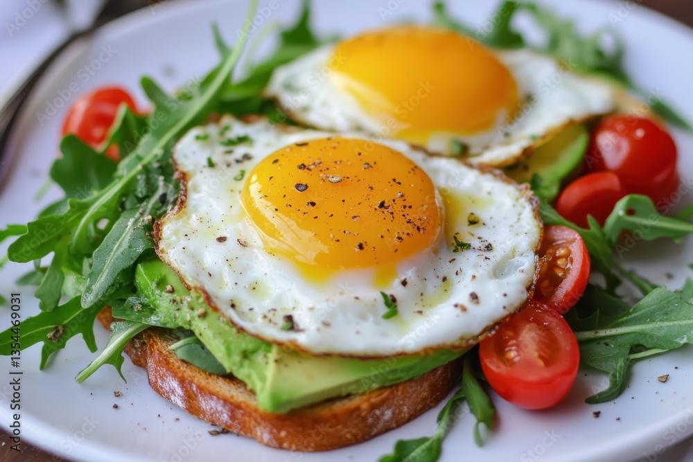 Healthy sandwich with avocado, eggs and microgreens on toast on a serving plate for breakfast. Fried eggs with avocado toast on white plate with an salad, red cherry tomatoes. Healthy sandwich with avocado, eggs and microgreens on toast on a serving plate for breakfast. Fried eggs with avocado toast on white plate with an salad, red cherry tomatoes.