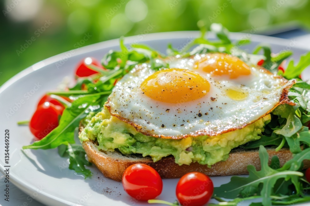 Healthy sandwich with avocado, eggs and microgreens on toast on a serving plate for breakfast. Fried eggs with avocado toast on white plate with an salad, red cherry tomatoes. Healthy sandwich with avocado, eggs and microgreens on toast on a serving plate for breakfast. Fried eggs with avocado toast on white plate with an salad, red cherry tomatoes.