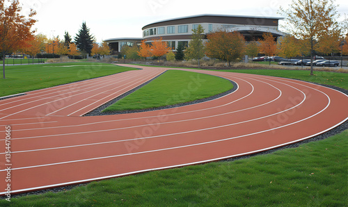 Outdoor running track curving around green grass, autumnal trees and modern building in background. Ideal for fitness, health, and sports themes.