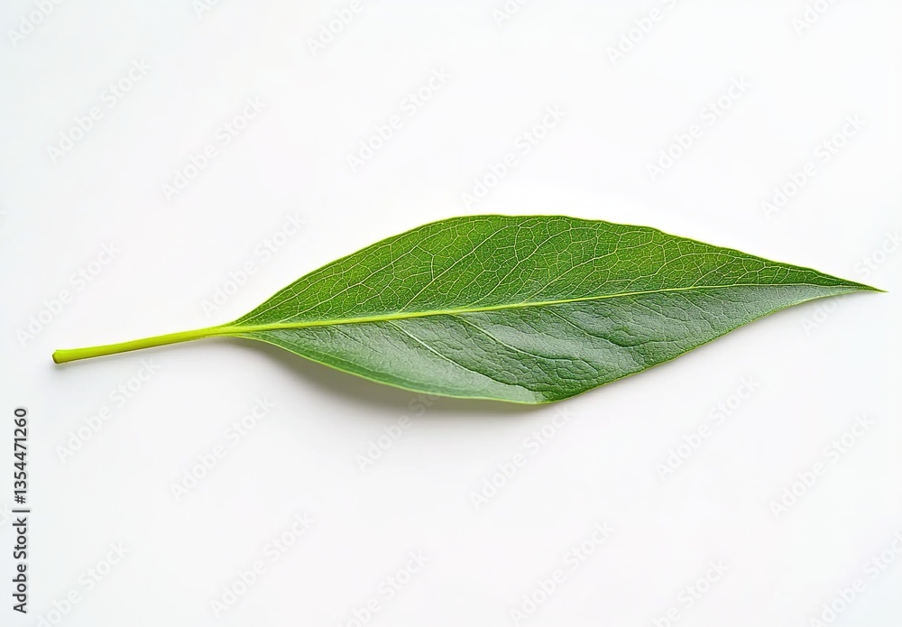 Obraz premium A single green elongated leaf on a white background, natural and minimalist atmosphere