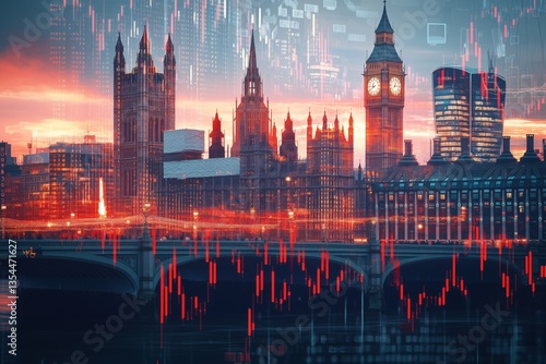 A double-exposure effect of the London and a fluctuating stock market graph, merging seamlessly into each other, symbolizing economic governance and financial policy shifts