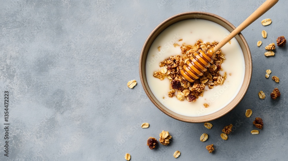Creamy yogurt bowl topped with crunchy granola and drizzled with honey, perfect for breakfast or snack Creamy yogurt bowl topped with crunchy granola and drizzled with honey, perfect for breakfast or snack
