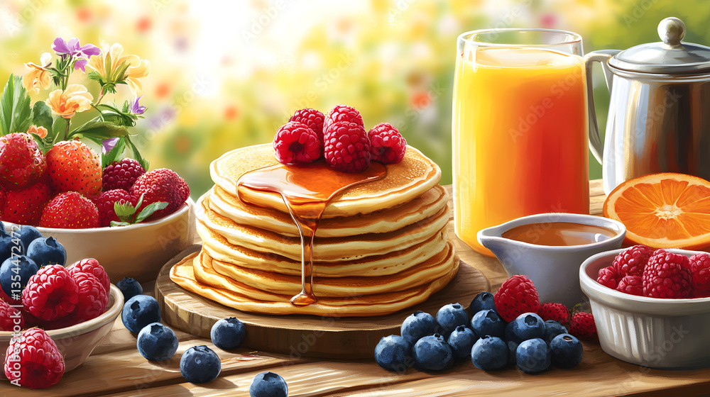 Delightful Brunch Spread with Fluffy Pancakes and Fresh Berries: An Inviting Breakfast Table Delightful Brunch Spread with Fluffy Pancakes and Fresh Berries: An Inviting Breakfast Table