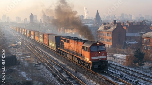 Freight Train Chugging Through a Winter Cityscape