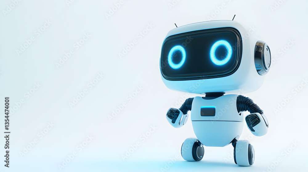 A robot with blue eyes stands on a white background A robot with blue eyes stands on a white background