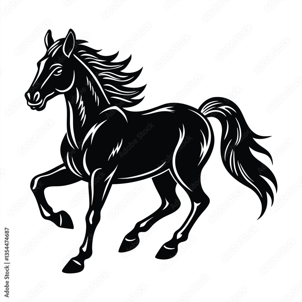 Black silhouette of a wild horse running with flowing mane Black silhouette of a wild horse running with flowing mane