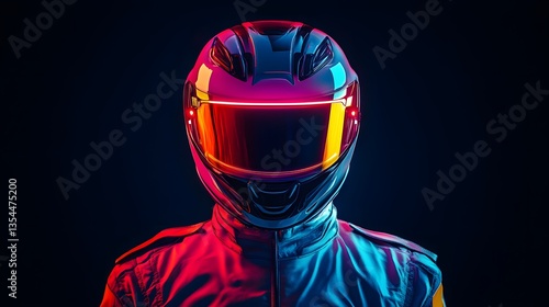 52. A street racer wearing a neon-lit helmet, facing forward in darkness