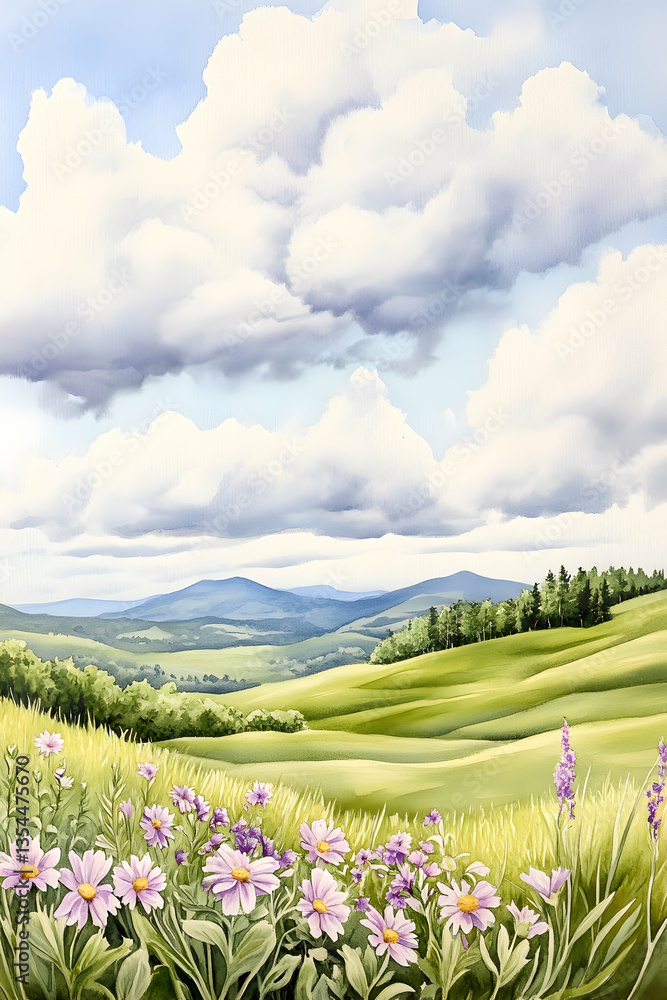 Obraz premium Floral Valley, Cloudy Sky, Hills