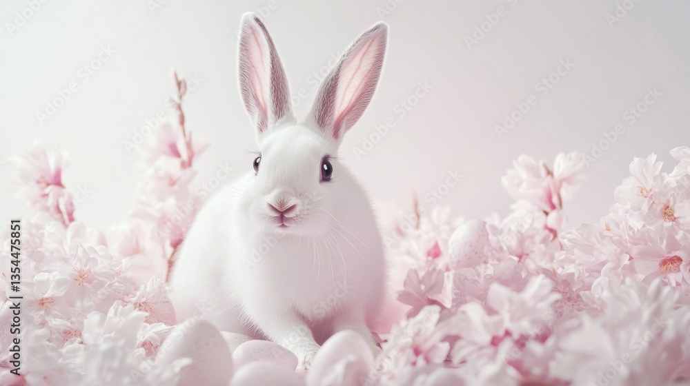 Bright Bunny and Pink Blossoms on Soft White Background Bright Bunny and Pink Blossoms on Soft White Background