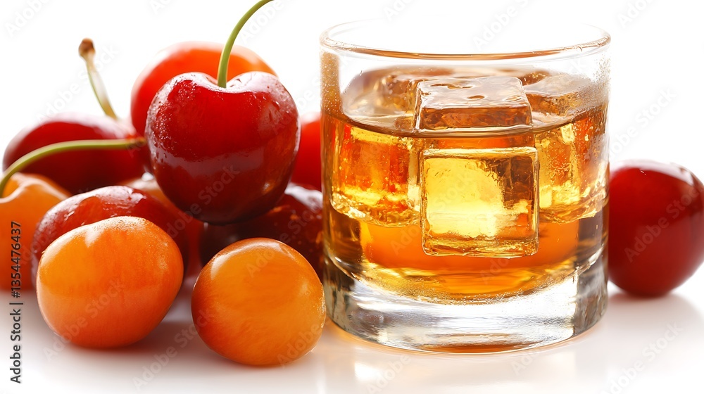 Cherries and whiskey on the rocks. Cherries and whiskey on the rocks.