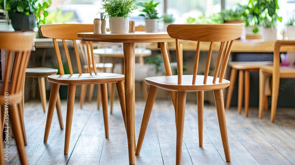 Obraz premium Cafe interior, wooden chairs at round table near plants by window, for restaurant ads