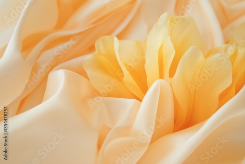 Cheerful golden yellow tulips on soft cream fabric background  