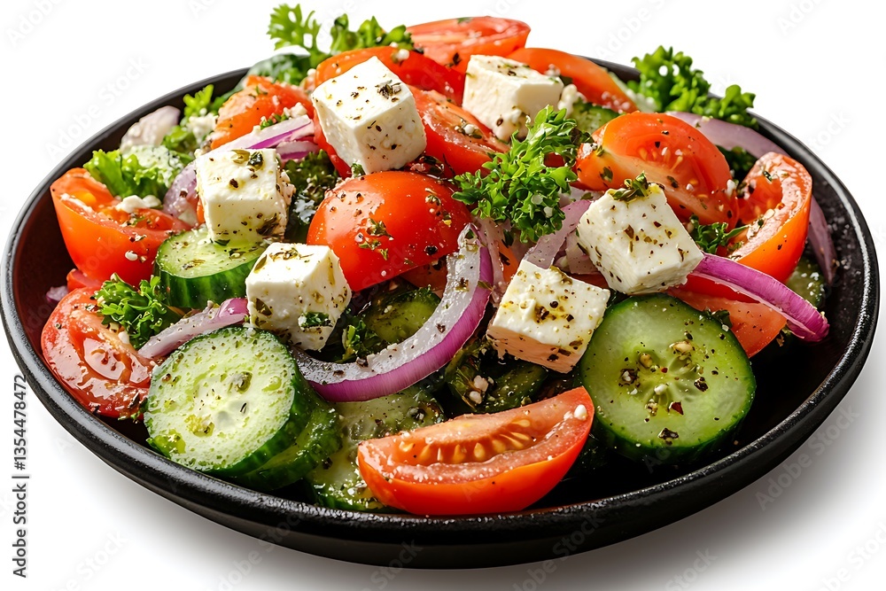A fresh Greek salad with feta cheese, tomatoes, cucumber, lettuce, and onion, served on a plate, perfect for a healthy meal or appetizer A fresh Greek salad with feta cheese, tomatoes, cucumber, lettuce, and onion, served on a plate, perfect for a healthy meal or appetizer