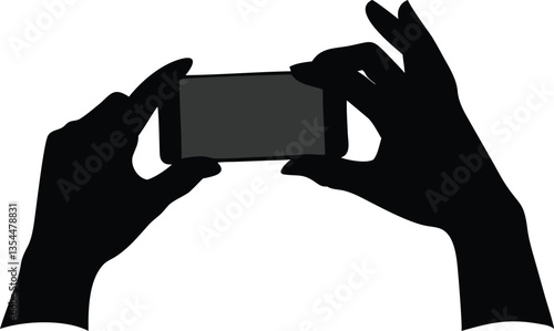 A simple black and white silhouette of two hands holding a smartphone, in a neutral pose, ideal for illustrating the act of taking a picture.