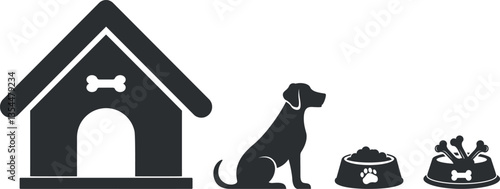 Simple black icons depicting a dog house, dog sitting, bowl of dog food, and bowl with bones. Represents pet care. vector illustration