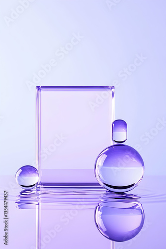Glass spheres and cube on reflective surface, purple gradient