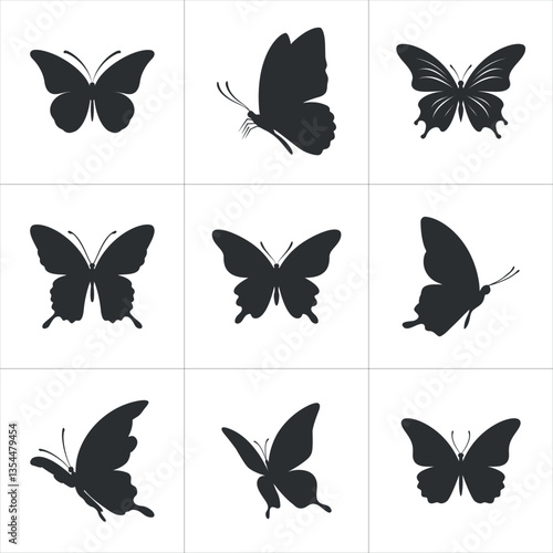 set of butterflies, collection of butterflies, set of butterflies silhouettes. butterfly silhouettes in various poses, isolated on white background. Simple, elegant, vector graphics