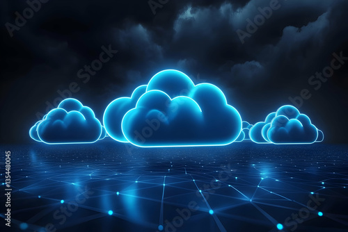 Glowing blue cloud icons on dark grid, representing cloud computing, digital network, and data storage
