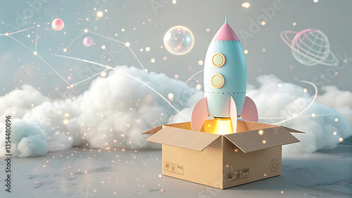 Rocket taking off from cardboard box, Looping Rocket, Business Launch, An illustration showing a rocket taking off, Launching Rocket Blue Up Arrows, Rocket taking off