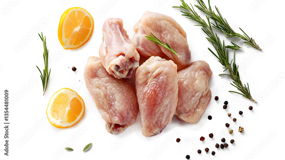 A pile of chicken wings is on a white background with a lemon and some herbs A pile of chicken wings is on a white background with a lemon and some herbs