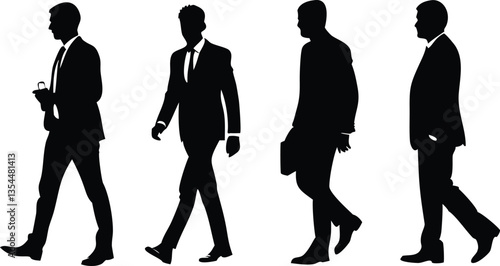 A set of black silhouettes of businessmen walking in different poses, showcasing various angles and stages of motion.