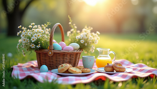 Easter picnic setup with eggs