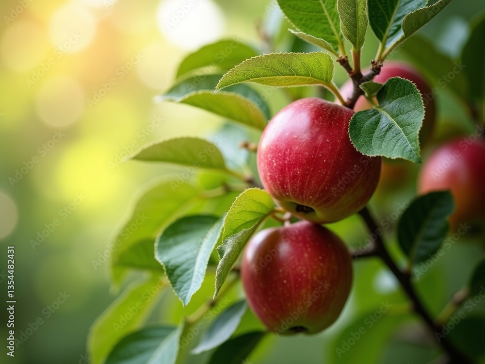 Obraz premium Two ripe red apples hanging on a tree branch with green leaves