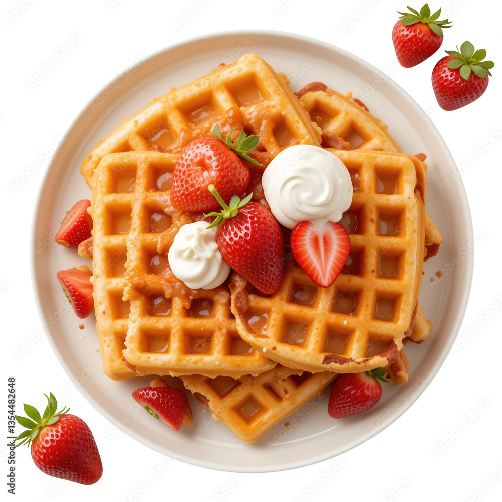 Delicious Belgian waffles topped with fresh strawberries and whipped cream, perfect for sweet treat Delicious Belgian waffles topped with fresh strawberries and whipped cream, perfect for sweet treat