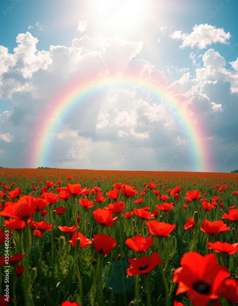 Naklejka premium Vibrant rainbow arch over a field of red poppies, sunlit sky, clouds, colorful, countryside