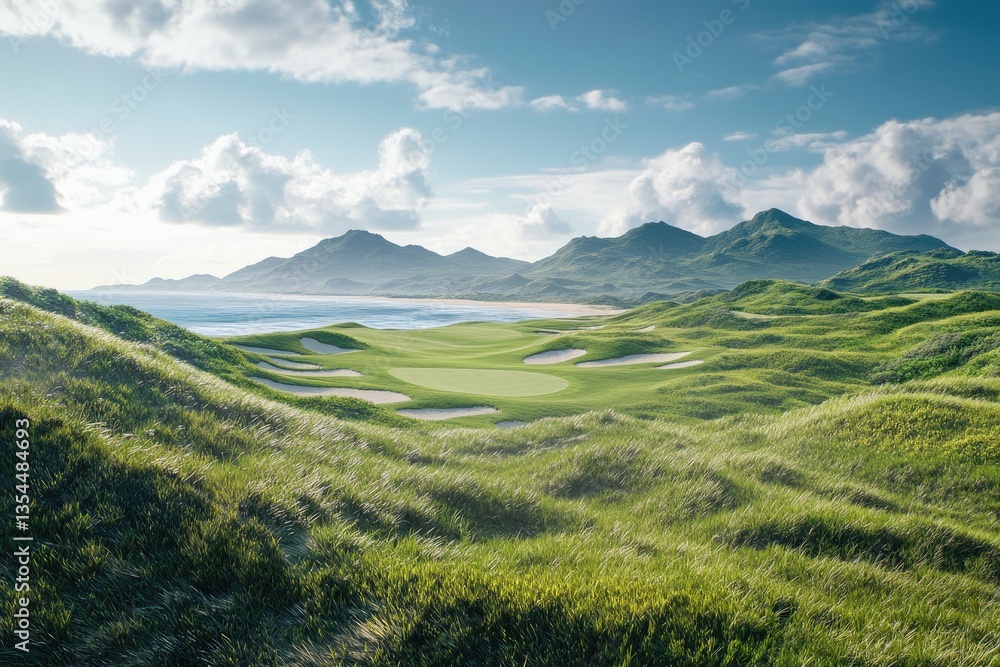 Fototapeta premium Lush golf course landscape with ocean views. Rolling hills, fairways, greens, and bunkers are beautifully situated amidst a breathtaking coastal scenery