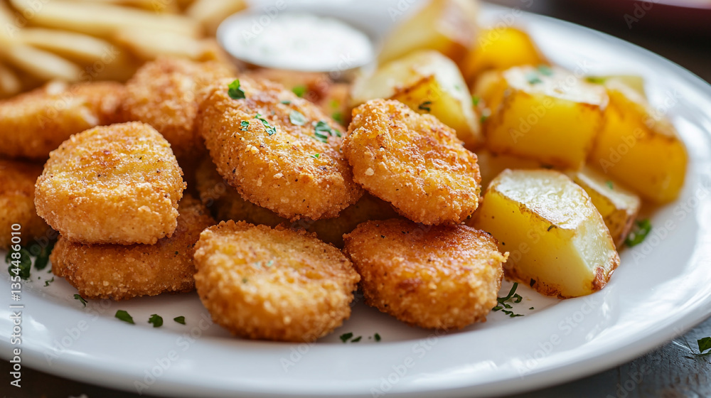 A plate of golden fried chicken nuggets with roasted potatoes and dipping sauce on a white plate A plate of golden fried chicken nuggets with roasted potatoes and dipping sauce on a white plate