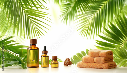 Luxurious spa treatment setup with amber bottles of essential oils, soft towels, and vibrant tropical palm leaves.  Perfect for wellness, beauty, and relaxation themes.