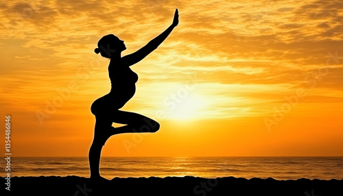 Serene silhouette of a woman practicing yoga at sunset on a beach, embodying peace, mindfulness, and the beauty of nature.