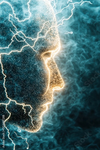 A glowing face silhouette emerges from swirling blue fog and electric lines, symbolizing energy and thought.