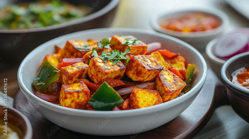 Close up of a bowl of paneer tikka masala with peppers and onions on a wooden surface Close up of a bowl of paneer tikka masala with peppers and onions on a wooden surface