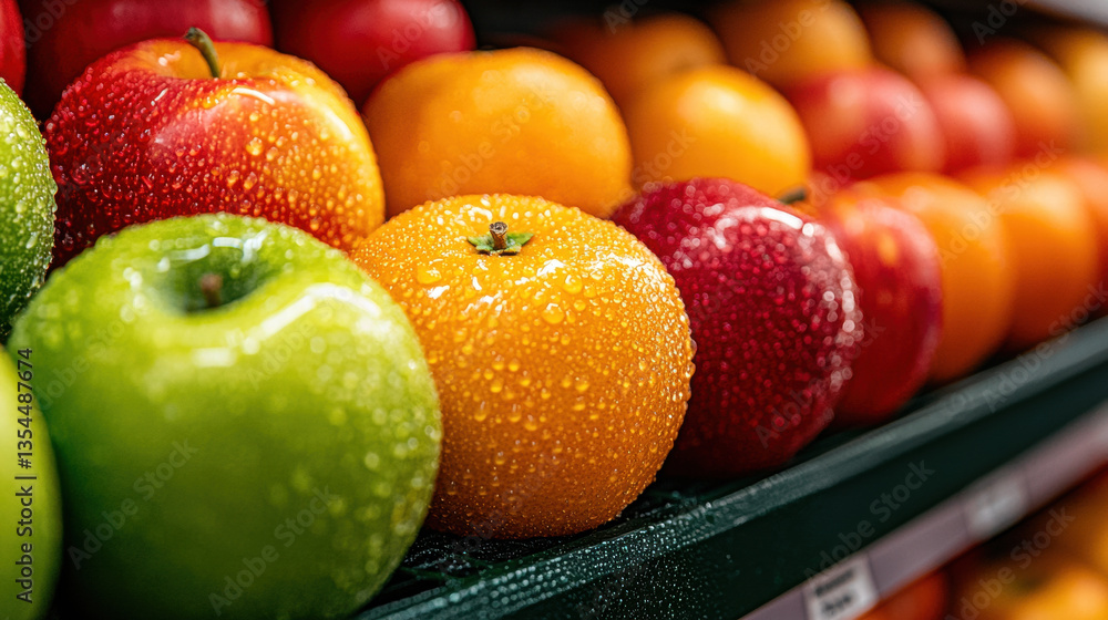 Fresh apples with droplets display grocery store produce section, vibrant colors attract Fresh apples with droplets display grocery store produce section, vibrant colors attract