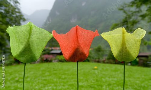 Three vibrant fabric tulips in green, orange, and yellow stand in a lush green meadow, with a mountain backdrop. Perfect for spring, nature, and decoration themes.