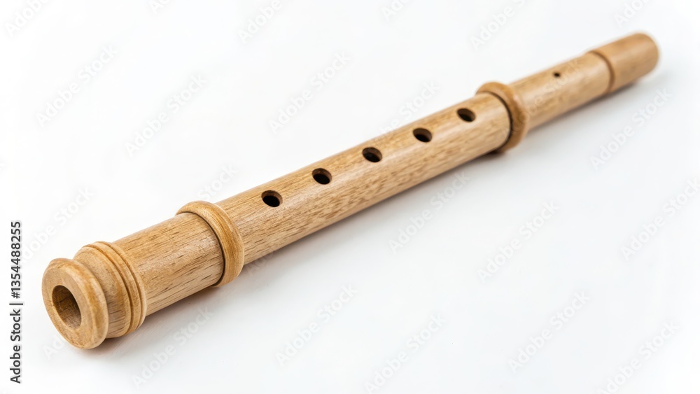 Naklejka premium Close-up of a handcrafted wooden flute with finger holes, showcasing traditional design and smooth polished finish for acoustic use.