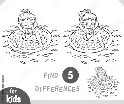Find differences educational game for kids, Girl and inflatable donut swimming ring